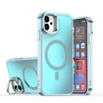 For iPhone 11 Plating Gradient Discolor MagSafe Phone Case with Holder(Blue)