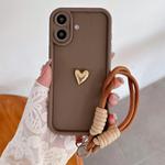 For iPhone 16 Solid Color 3D Love TPU Phone Case with Lanyard(Brown)