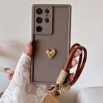 For Samsung Galaxy S23 Ultra 5G Solid Color 3D Love TPU Phone Case with Lanyard(Brown)