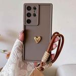 For Samsung Galaxy S24 Ultra 5G Solid Color 3D Love TPU Phone Case with Lanyard(Brown)