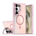 For Samsung Galaxy S25 Ultra 5G Plating Gradient Discolor MagSafe Phone Case with Holder(Pink)