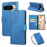 For Google Pixel 10 Pro XL Rose Flower Embossed 3-Card Slots Leather Phone Case(Blue)