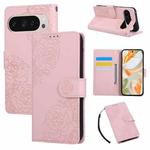 For Google Pixel 10 Pro XL Rose Flower Embossed 3-Card Slots Leather Phone Case(Pink)