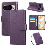 For Google Pixel 10 Pro XL Rose Flower Embossed 3-Card Slots Leather Phone Case(Deep Purple)