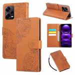 For Redmi Note 12 Pro 5G Rose Flower Embossed 3-Card Slots Leather Phone Case(Brown)
