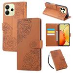 For Redmi Note 14 4G 164.84mm Rose Flower Embossed 3-Card Slots Leather Phone Case(Brown)