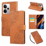 For Realme 14 5G Global Rose Flower Embossed 3-Card Slots Leather Phone Case(Brown)