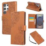 For Samsung Galaxy S25 Ultra 5G Rose Flower Embossed 3-Card Slots Leather Phone Case(Brown)