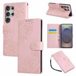 For Samsung Galaxy S25 Ultra 5G Rose Flower Embossed 3-Card Slots Leather Phone Case(Pink)