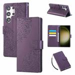 For Samsung Galaxy S23 Ultra 5G Rose Flower Embossed 3-Card Slots Leather Phone Case(Deep Purple)