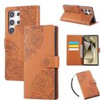 For Samsung Galaxy S22 Ultra 5G Rose Flower Embossed 3-Card Slots Leather Phone Case(Brown)