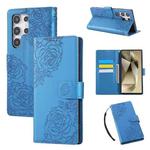 For Samsung Galaxy S22 Ultra 5G Rose Flower Embossed 3-Card Slots Leather Phone Case(Blue)