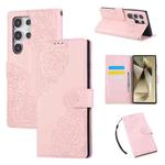 For Samsung Galaxy S22 Ultra 5G Rose Flower Embossed 3-Card Slots Leather Phone Case(Pink)