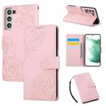 For Samsung Galaxy S22 5G Rose Flower Embossed 3-Card Slots Leather Phone Case(Pink)