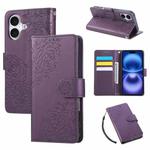 For iPhone 16 Rose Flower Embossed 3-Card Slots Leather Phone Case(Deep Purple)