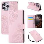 For iPhone 14 Pro Max Rose Flower Embossed 3-Card Slots Leather Phone Case(Pink)