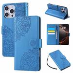 For iPhone 15 Pro Max Rose Flower Embossed 3-Card Slots Leather Phone Case(Blue)
