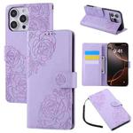 For iPhone 15 Pro Max Rose Flower Embossed 3-Card Slots Leather Phone Case(Purple)