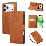 For iPhone 17 Pro Max Rose Flower Embossed 3-Card Slots Leather Phone Case(Brown)