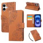 For iPhone 17 Rose Flower Embossed 3-Card Slots Leather Phone Case(Brown)