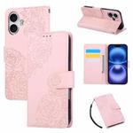 For iPhone 17 Rose Flower Embossed 3-Card Slots Leather Phone Case(Pink)