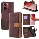 For Realme 14 5G Global Color Stitching Skin Feel Leather RFID Blocking Phone Case(Brown)