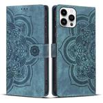For iPhone 15 Pro Max Mandala Embossed Retro Frosted Leather Phone Case(Blue)