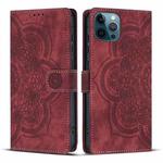 For iPhone 12 Pro Max Mandala Embossed Retro Frosted Leather Phone Case(Red)