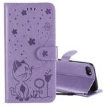 For iPhone SE 2022 / SE 2020 / 8 / 7 Cat Bee Embossing Pattern Shockproof Horizontal Flip Leather Case with Holder & Card Slots & Wallet(Purple)