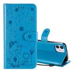 For iPhone 12 mini Cat Bee Embossing Pattern Shockproof Horizontal Flip Leather Case with Holder & Card Slots & Wallet(Blue)