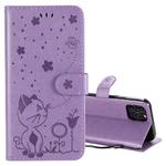 For iPhone 12 / 12 Pro Cat Bee Embossing Pattern Shockproof Horizontal Flip Leather Case with Holder & Card Slots & Wallet(Purple)