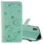 For iPhone X / XS Cat Bee Embossing Pattern Shockproof Horizontal Flip Leather Case with Holder & Card Slots & Wallet(Green)