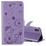 For iPhone X / XS Cat Bee Embossing Pattern Shockproof Horizontal Flip Leather Case with Holder & Card Slots & Wallet(Purple)