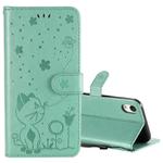 For iPhone XR Cat Bee Embossing Pattern Shockproof Horizontal Flip Leather Case with Holder & Card Slots & Wallet(Green)