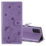 For Samsung Galaxy Note 20 Cat Bee Embossing Pattern Shockproof Horizontal Flip Leather Case with Holder & Card Slots & Wallet(Purple)