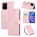 For vivo Y21 2021 / Y33s Global Rose Flower Embossed 3-Card Slots Leather Phone Case(Pink)