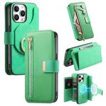 For iPhone 15 Pro Ring Zipper Wallet RFID Blocking MagSafe Leather Phone Case(Green)