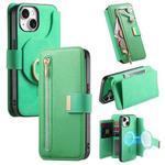 For iPhone 15 Ring Zipper Wallet RFID Blocking MagSafe Leather Phone Case(Green)