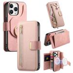 For iPhone 13 Pro Max Ring Zipper Wallet RFID Blocking MagSafe Leather Phone Case(Pink)