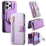 For iPhone 13 Pro Max Ring Zipper Wallet RFID Blocking MagSafe Leather Phone Case(Purple)