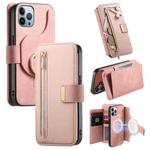 For iPhone 12 Pro Max Ring Zipper Wallet RFID Blocking MagSafe Leather Phone Case(Pink)