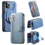 For iPhone 11 Pro Max Ring Zipper Wallet RFID Blocking MagSafe Leather Phone Case(Blue)