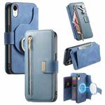 For iPhone XR Ring Zipper Wallet RFID Blocking MagSafe Leather Phone Case(Blue)