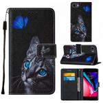 For iPhone SE 2022 / SE 2020 / 8 / 7 / 6 Cross Texture Painting Pattern Horizontal Flip Leather Case with Holder & Card Slots & Wallet & Lanyard(Blue Butterfly Cats Eye)