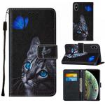 For iPhone X / XS Cross Texture Painting Pattern Horizontal Flip Leather Case with Holder & Card Slots & Wallet & Lanyard(Blue Butterfly Cats Eye)