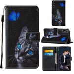 For iPhone XS Max Cross Texture Painting Pattern Horizontal Flip Leather Case with Holder & Card Slots & Wallet & Lanyard(Blue Butterfly Cats Eye)