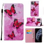 For iPhone 11 Pro Max Cross Texture Painting Pattern Horizontal Flip Leather Case with Holder & Card Slots & Wallet & Lanyard(Pink Butterfly)