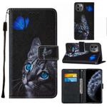 For iPhone 11 Pro Max Cross Texture Painting Pattern Horizontal Flip Leather Case with Holder & Card Slots & Wallet & Lanyard(Blue Butterfly Cats Eye)