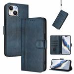 For iPhone 15 Line Splicing Buckle Retro Leather Phone Case(Dark Blue)