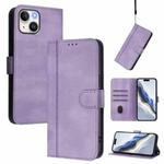 For iPhone 15 Line Splicing Buckle Retro Leather Phone Case(Purple)